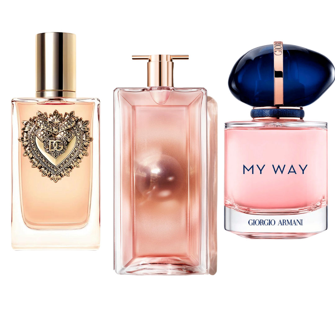 Combo promocional de 3 perfumes Dolce & Gabanna Devotion, My Way Giorgi Armani, y Lancôme Idôle 100ml