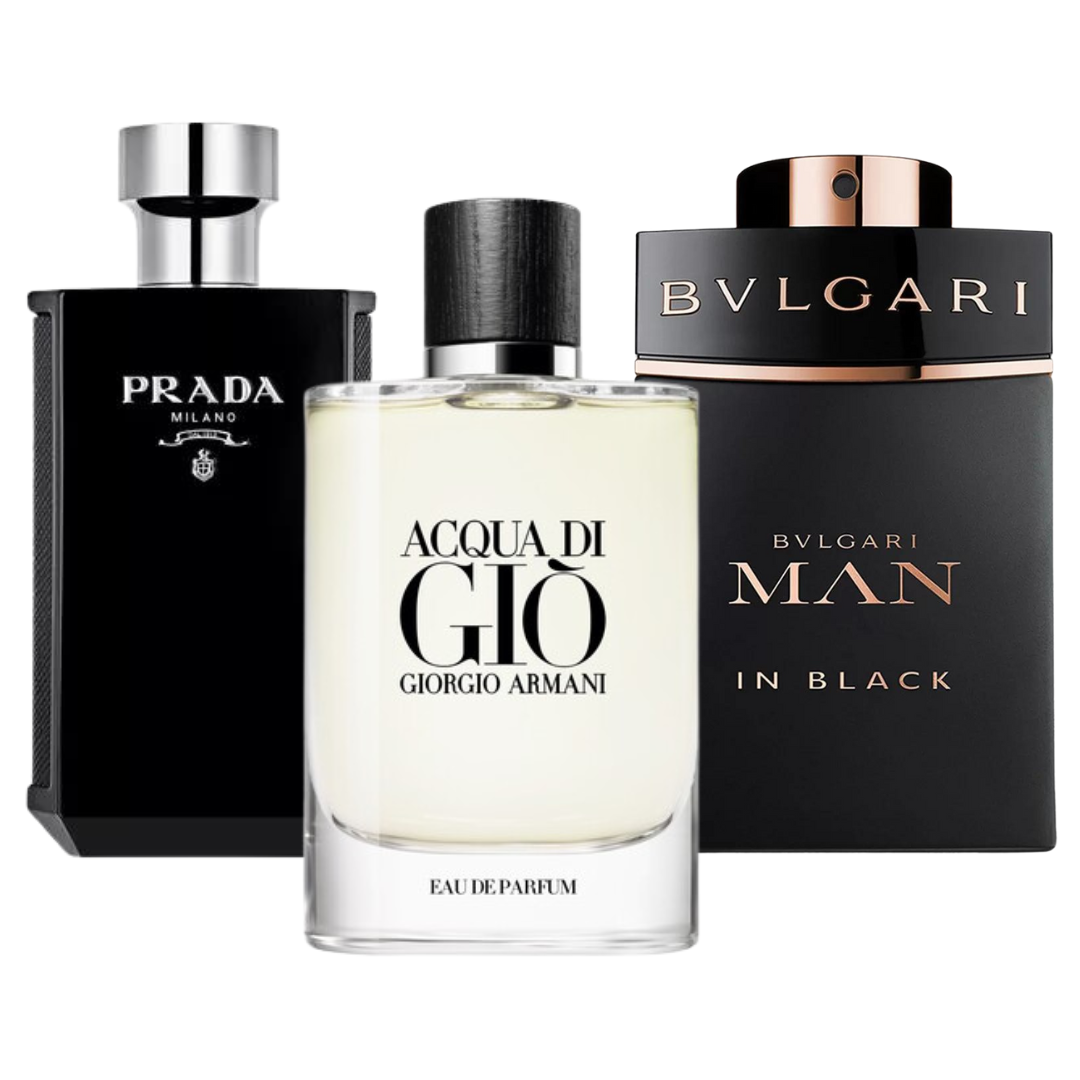 Combo promocional de 3 perfumes Bvlgari In Black, Giorgio Armani Acqua Di Gio, y L'Homme Prada Intense 100ml